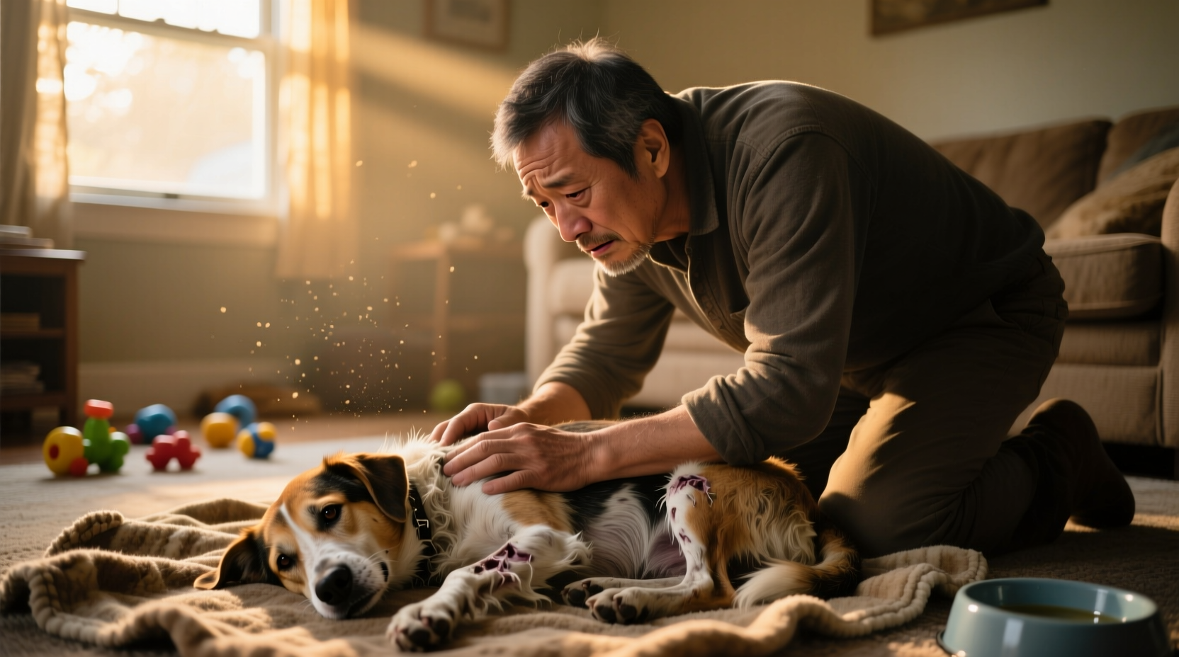 Dog owner checking on sick dog with concerned expression