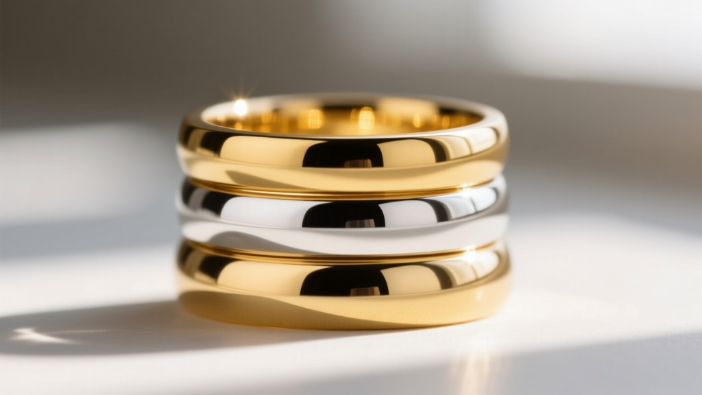 Macro shot of stacked rings in yellow gold, white gold, and platinum, showing distinct metal tones and highly polished finishes.