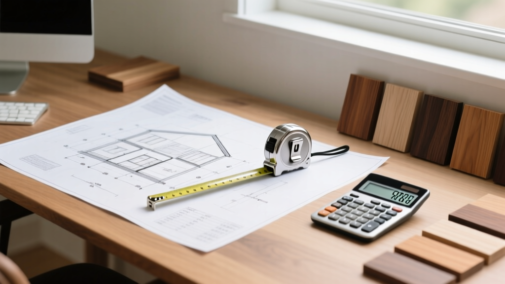 Architectural blueprints on a desk beside a tape measure, calculator, and timber samples for a custom home construction cost estimate