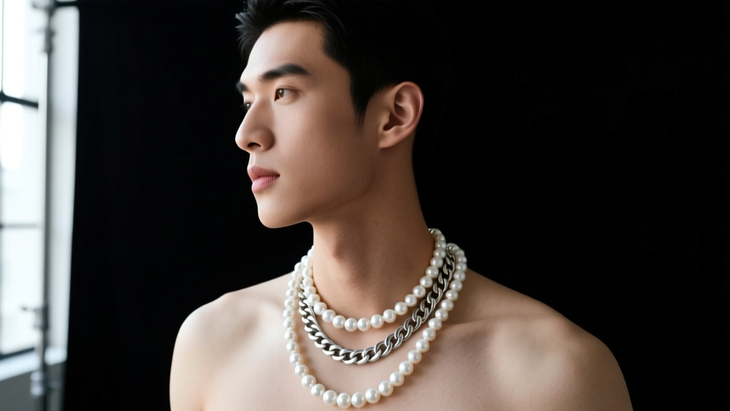 Young man wearing an 18-inch white freshwater pearl necklace layered with a silver Cuban chain against a dark studio backdrop.