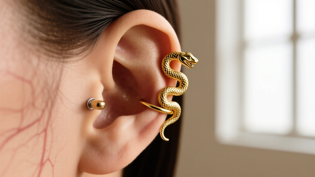 Side view of an 18-gauge gold Medusa ear-scape in a mid-helix piercing, showing cuff tension against the outer ear cartilage.