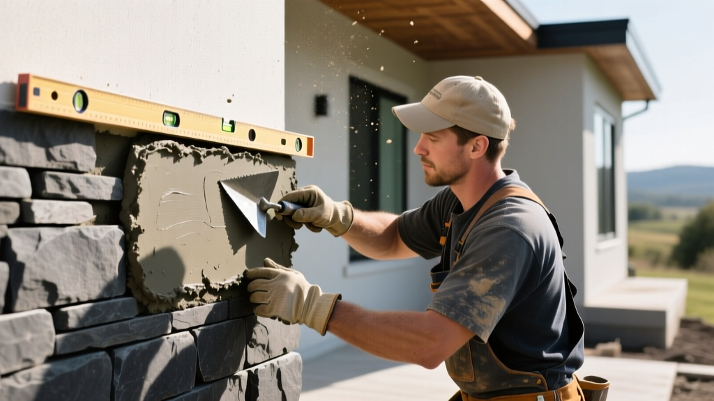 Professional mason applying mortar and installing dark stacked stone veneer panels on an exterior home facade with a level and trowel