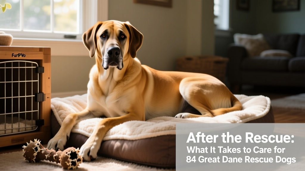 A happy, healthy Great Dane resting comfortably on a FurPetVo fleece bed beside a crate and chew toy