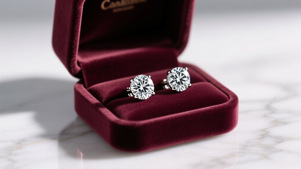 Open velvet box revealing 1-carat round brilliant diamond stud earrings in platinum settings, resting on a white marble surface.