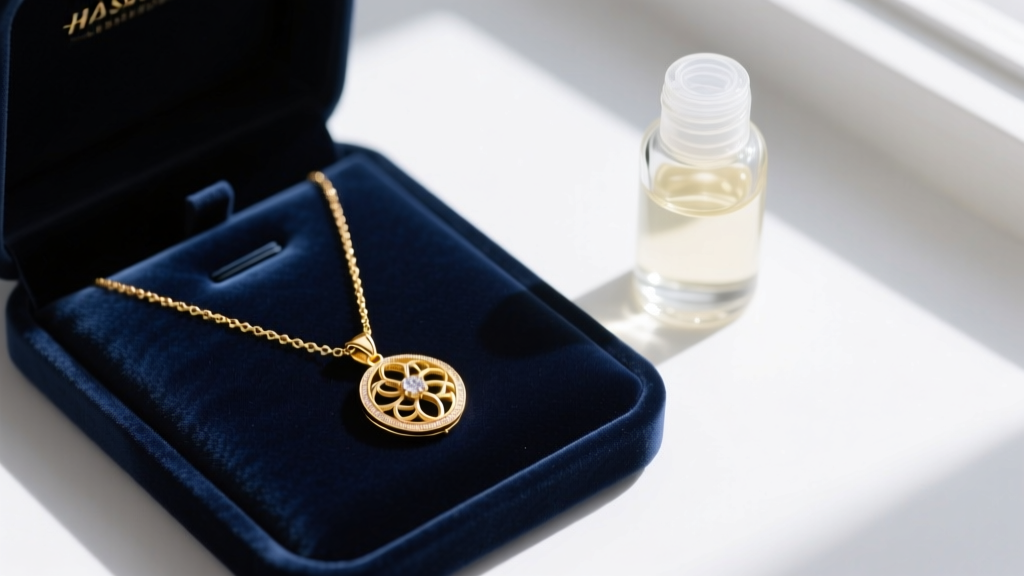 Flat lay of an 18kgp pendant necklace on anti-tarnish velvet next to a small glass bottle of gentle jewelry cleaning solution.