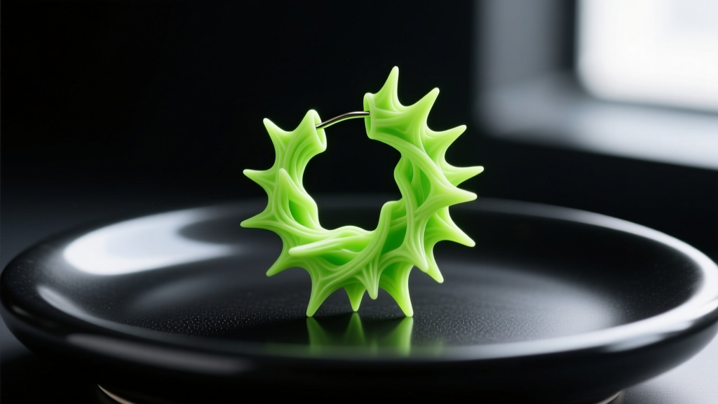 Close-up macro shot of a 3D printed neon green nylon earring with bio-morphic spikes, resting on a matte black ceramic surface