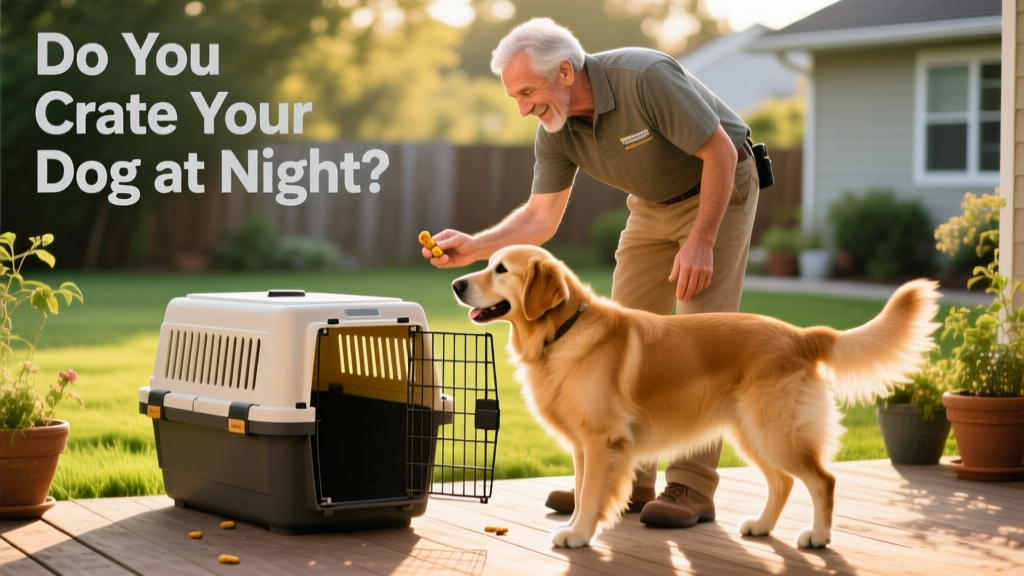 A professional dog trainer gently guiding a dog toward an open crate with treats and praise