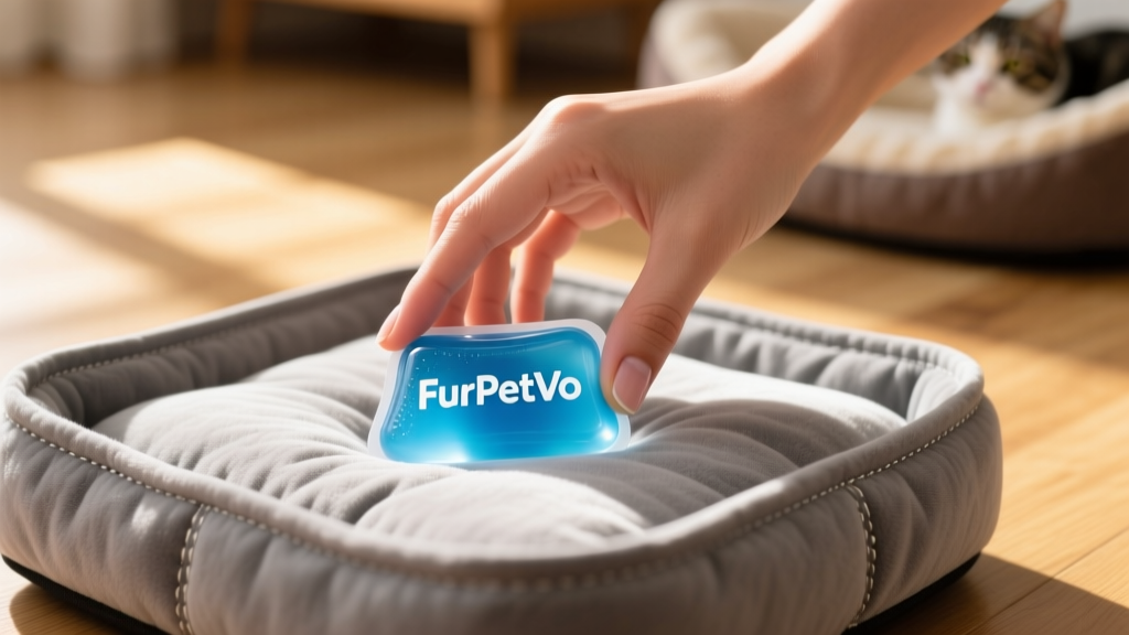 Close-up of a hand gently placing a chilled FurPetVo-branded gel insert onto a memory foam base inside a soft gray fabric cover