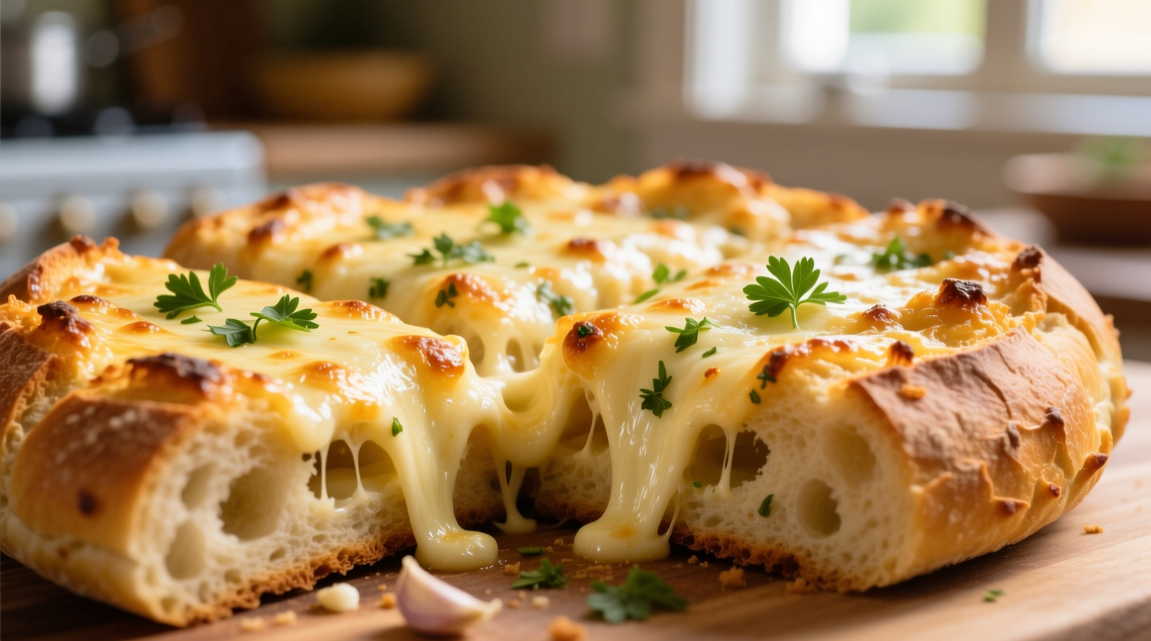 Golden cheesy garlic bread with melted cheese and herbs
