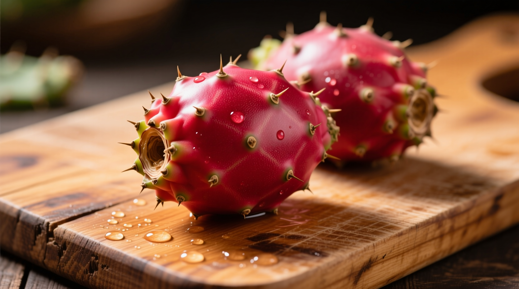 Ripe red cactus fruit with spines removed on wooden cutting board
