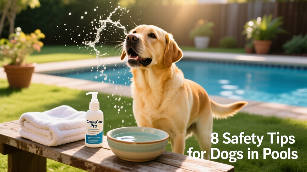 A Labrador shaking off water beside a towel and a bottle of ear cleaner, with a fresh water bowl nearby