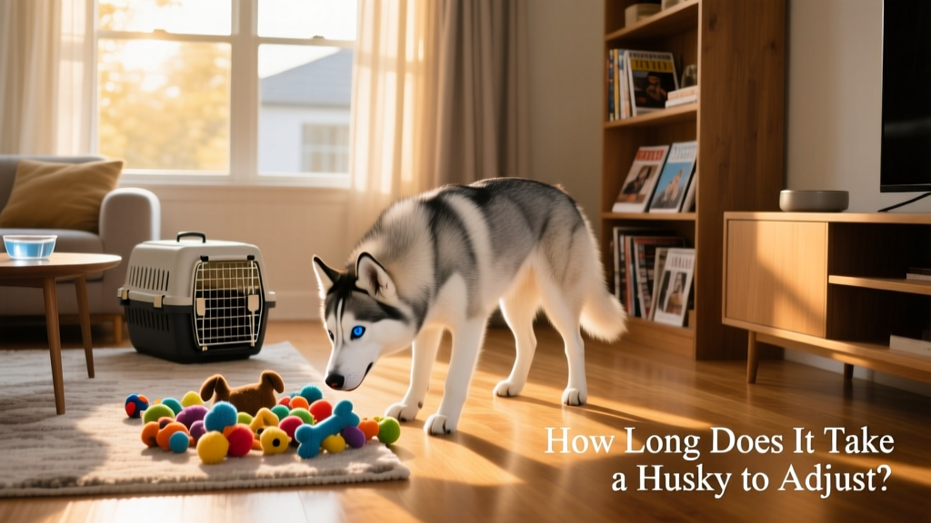 A calm, curious husky exploring a sunlit living room with toys nearby