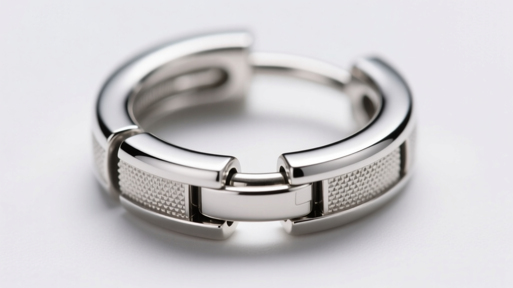 Extreme macro shot of a tongue-and-groove clicker mechanism on a platinum huggie hoop, revealing the precise interlocking metal parts