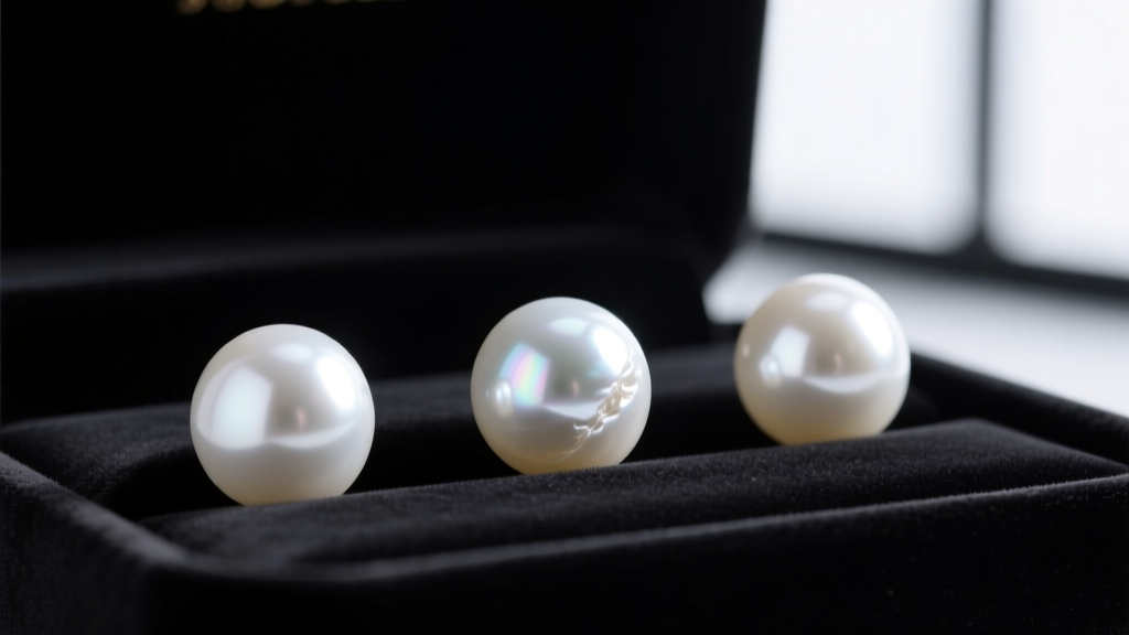 Macro photo of three round white pearls with varying luster levels, resting side-by-side on a dark velvet jewelry display tray.