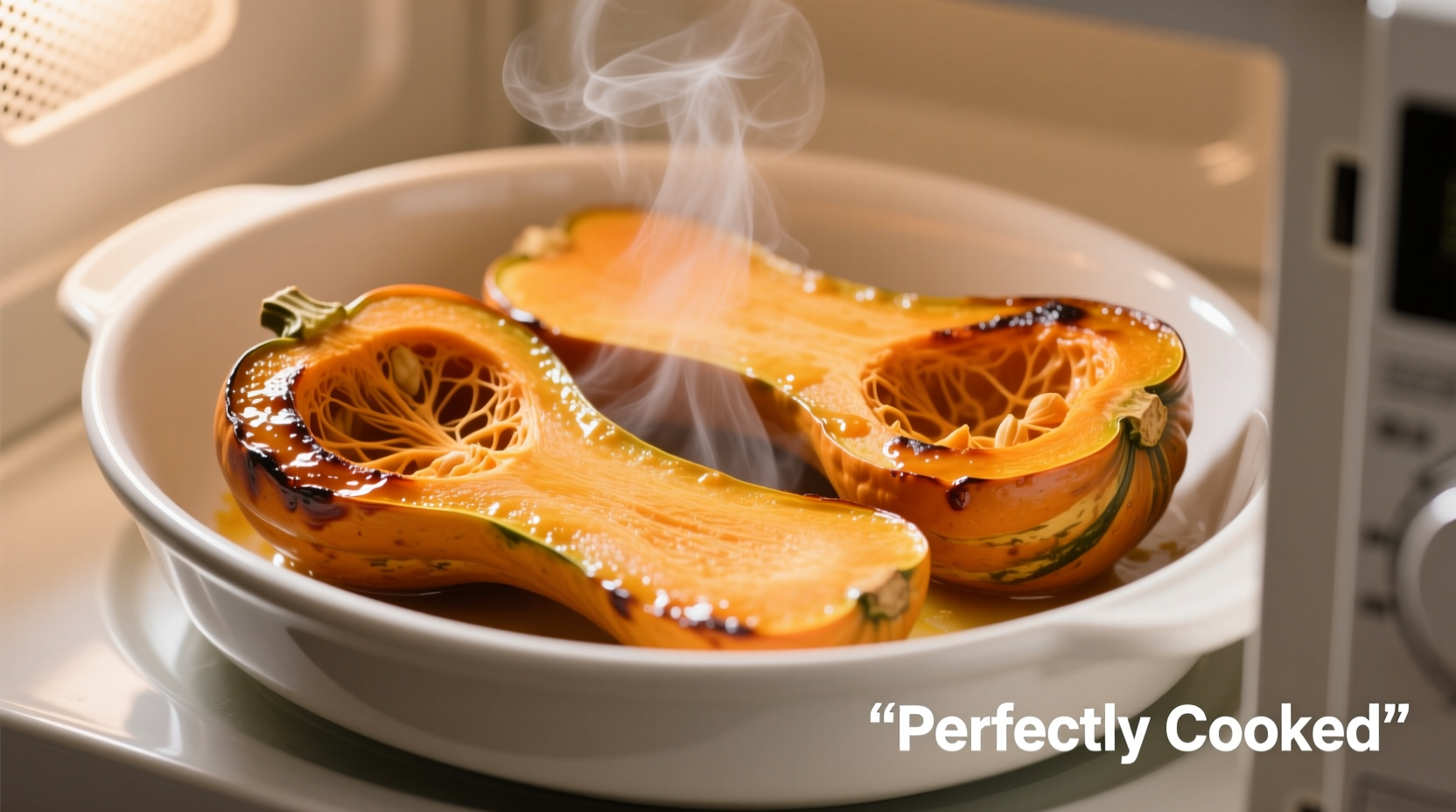 Perfectly cooked acorn squash halves in microwave dish