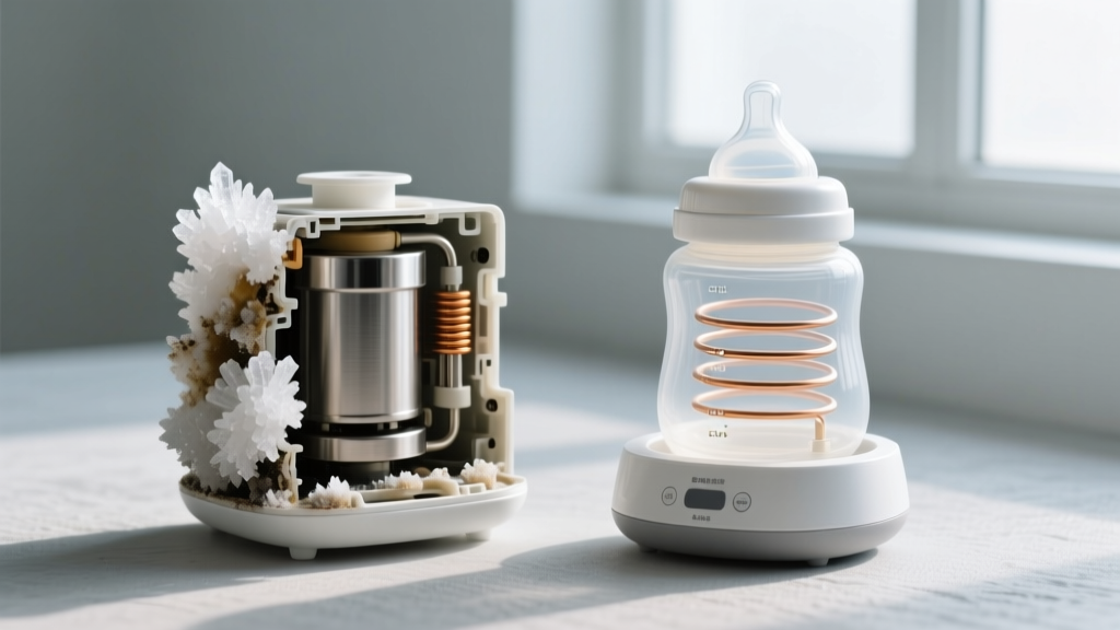 Disassembled smart baby bottle maker showing internal heating elements and mineral buildup compared to a freshly descaled functional unit.