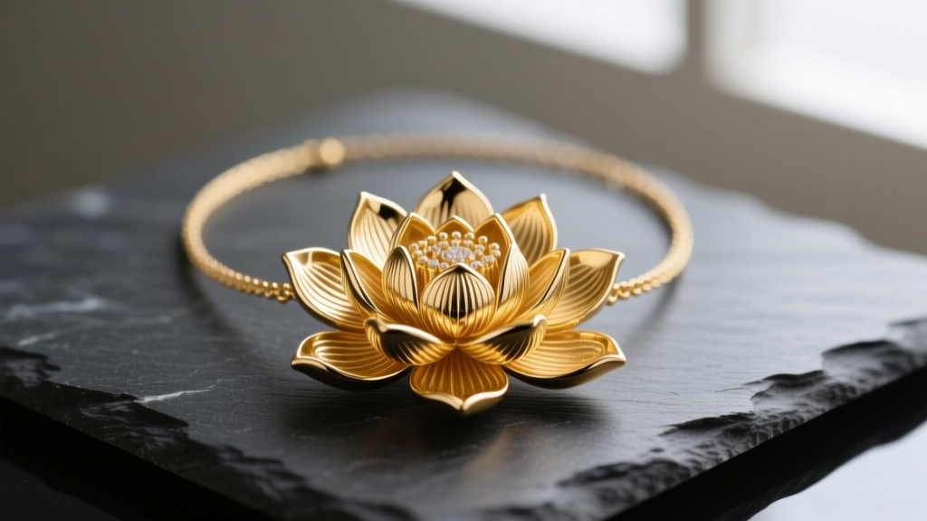 18k solid gold lotus necklace on dark slate, soft lighting highlighting the intricate petal engraving and polished metal finish