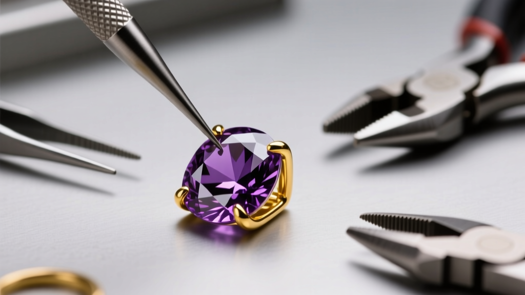 Jeweler workbench showing 14k yellow gold prongs being tightened around a faceted amethyst gemstone using precision steel tools.