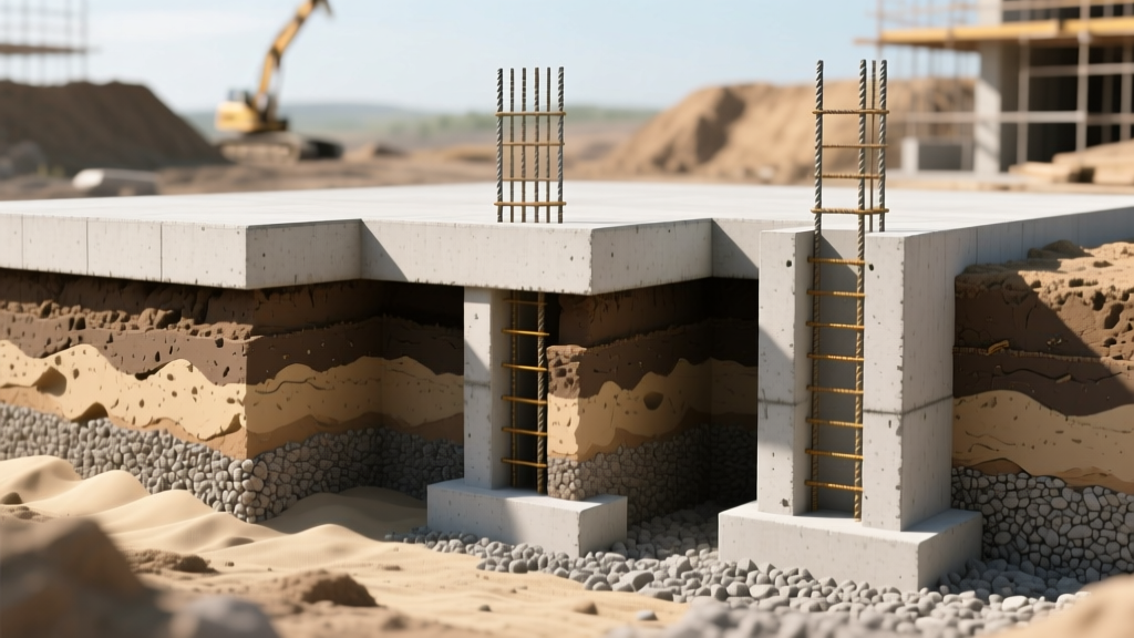 Cross-section rendering of slab-on-grade, T-shaped, and pier-and-beam concrete foundations across varied soil profiles