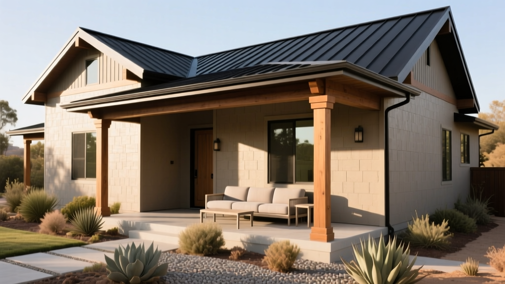 Newly completed 900 square foot modern craftsman house with fiber cement siding, metal roof, and a covered front porch.