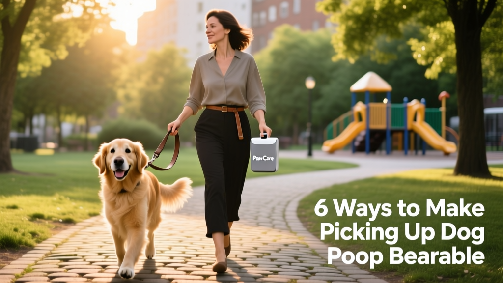 Woman walking her dog in a park, holding a leash with a compact waste bag dispenser attached
