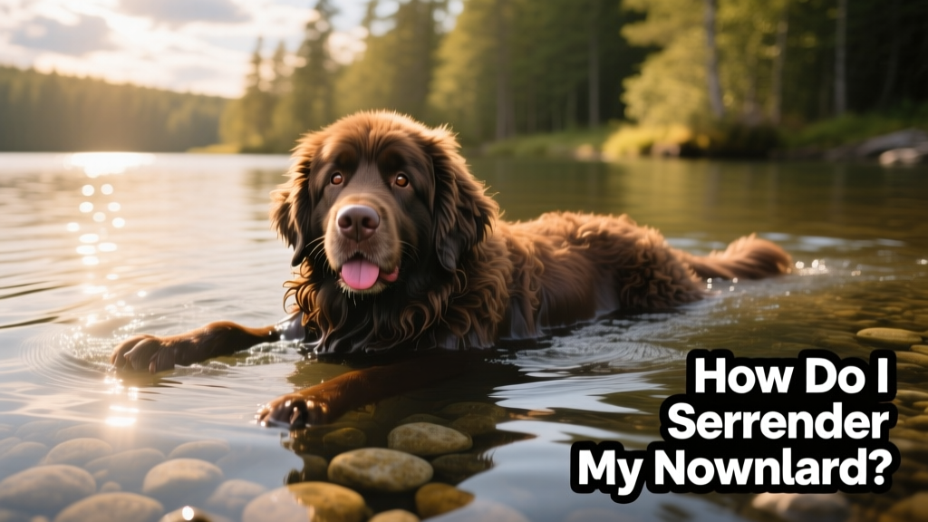 A happy, relaxed Newfoundland swimming calmly in a freshwater lake