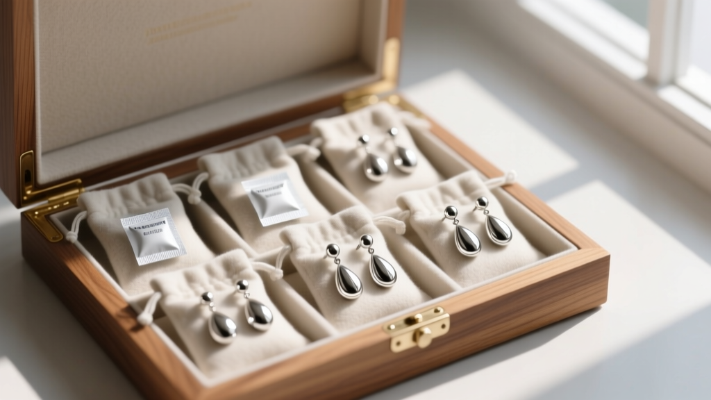 Silver plated drop earrings stored in anti-tarnish flannel pouches with silica gel packets inside a lined wooden jewelry box