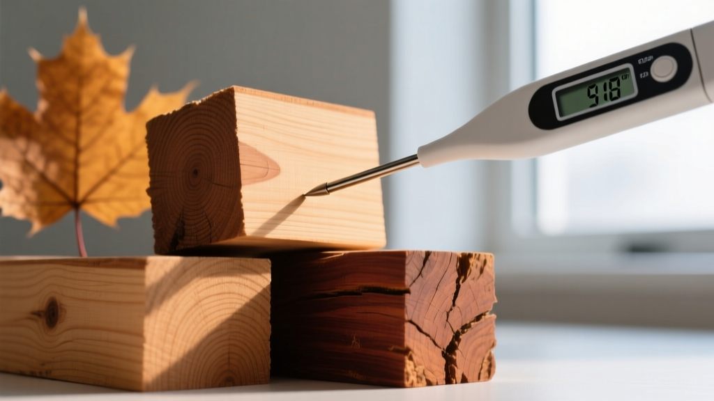 Close-up of raw maple and oak wood blocks, with a digital pH meter probe touching the oak to show acidic off-gassing levels.