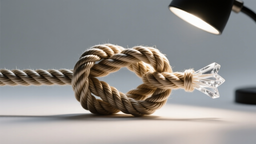 Macro shot of a finished sliding knot showing the tight wraps and melted nylon ends, illuminated by a directional desk lamp.