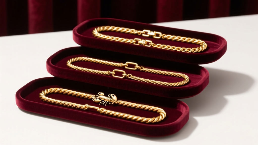 Stacked velvet trays showing wholesale 14k gold rope chains and cable chains with lobster clasps under bright studio lights.