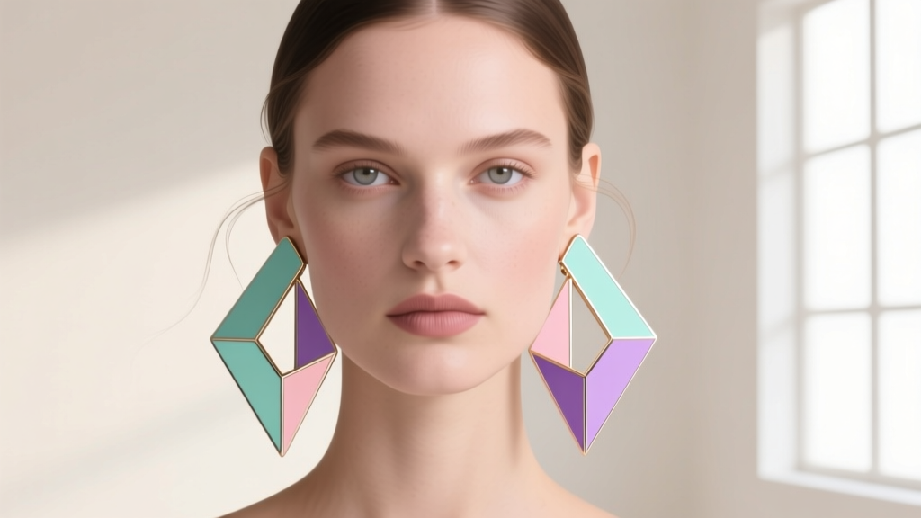 Fashion illustration showing geometric XL earrings balancing a round face shape, clean lines and neutral pastel background tones