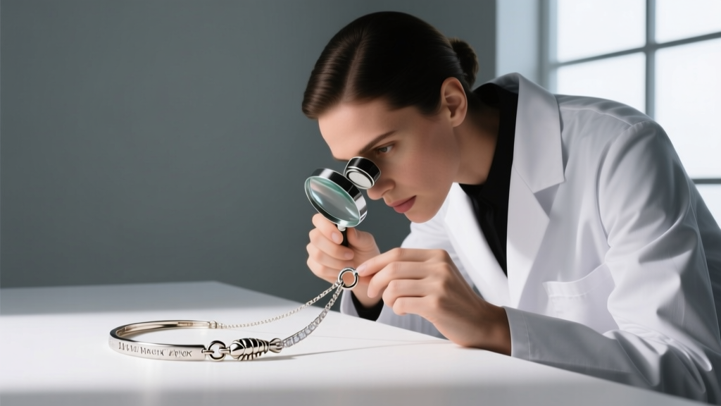 Jeweler using a loupe to inspect the lobster clasp and jump ring connection point on a delicate 14k white gold Taylor necklace
