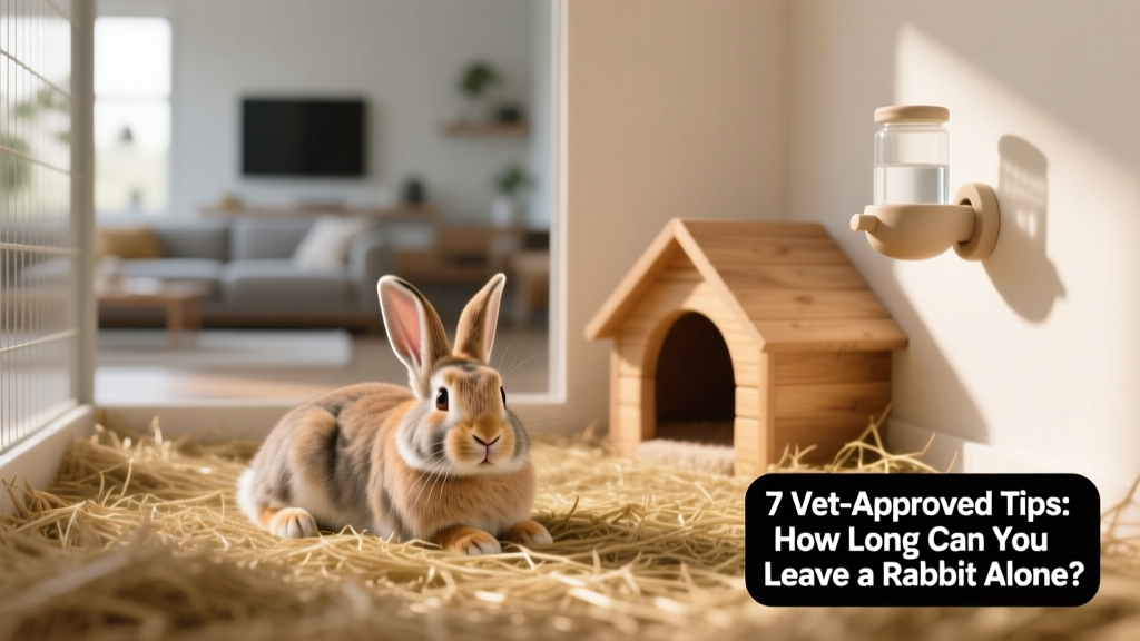 Rabbit in a spacious, clean enclosure with hay, water, and a hideout