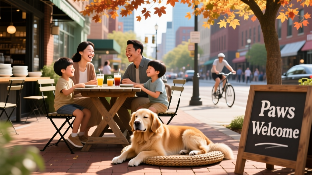 A family relaxing on a dog-friendly patio at a bustling Minneapolis restaurant, with their dog resting nearby.