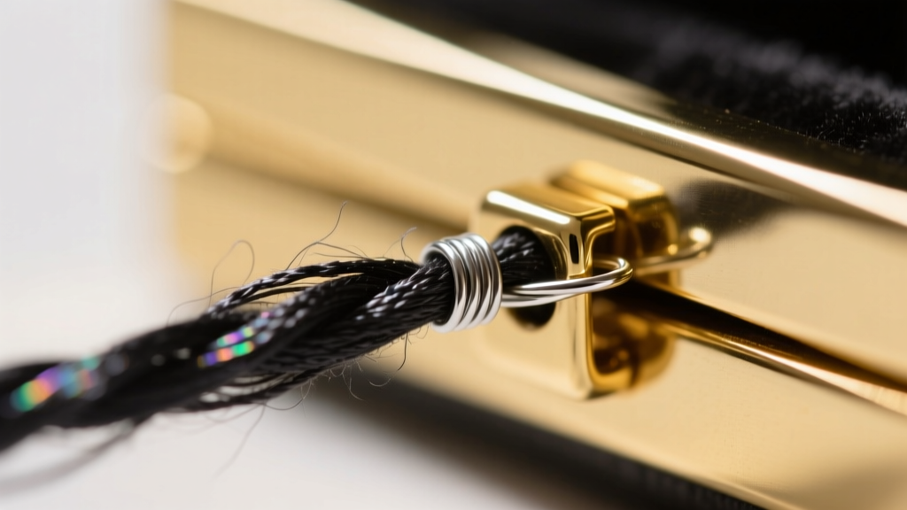 Macro photography showing the frayed end of a silk thread secured with a tiny silver French wire gimp near a gold box clasp