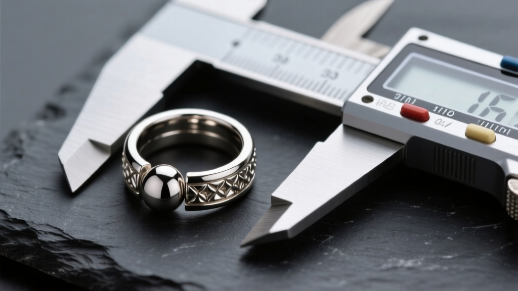 Macro shot of a titanium captive bead ring earring on dark slate next to a digital caliper measuring its exact gauge thickness.