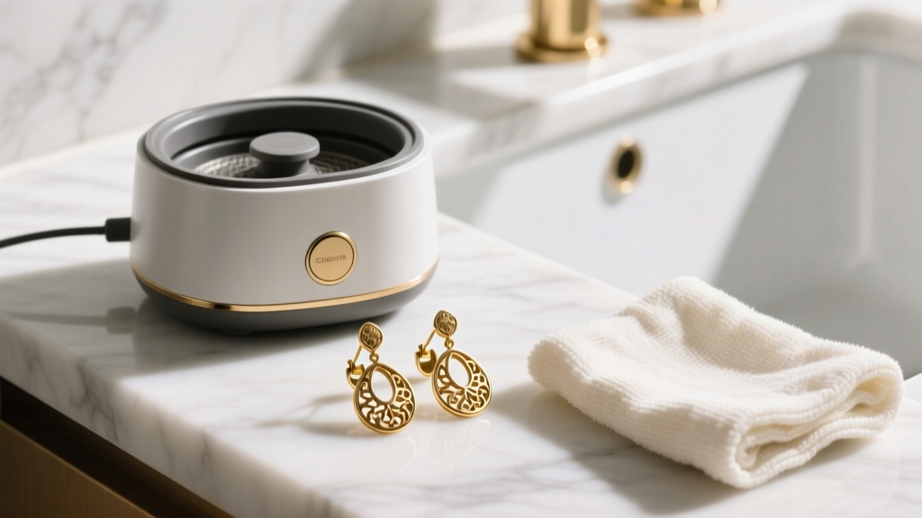 Ultrasonic cleaner next to tarnished gold earrings studs and a microfiber cloth, resting on a bright white marble bathroom counter