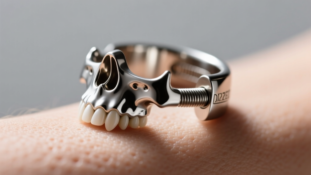 Close-up of a titanium skull cartilage cuff, showing a secure threaded back and bright metallic finish resting against soft skin
