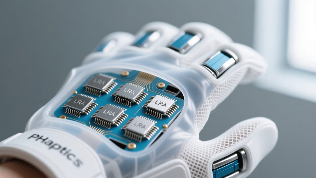 Macro shot of a bHaptics TactGlove showing the embedded LRA haptic motors through the translucent silicone elastomer mesh.