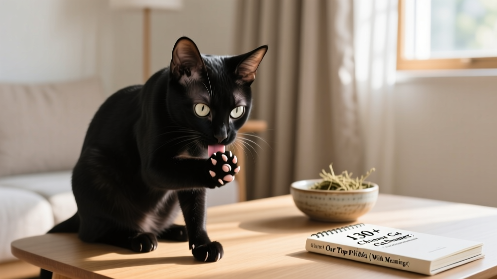 A black polydactyl cat gently licking its paw, showcasing its unique paws and expressive eyes
