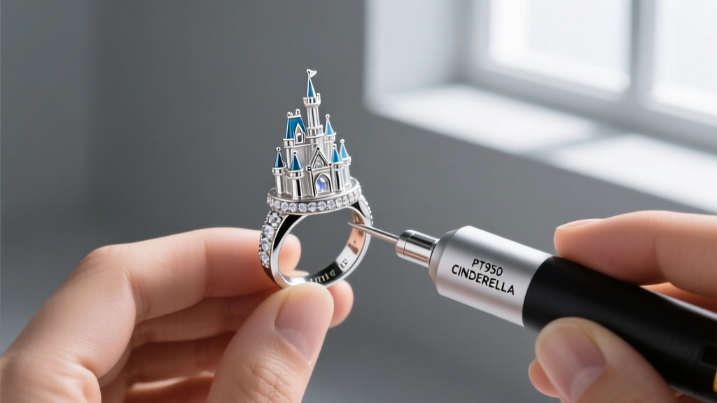 Jeweler using a thermal diamond tester on a Cinderella castle ring, with hallmark stamps visible on the inner band under a loupe