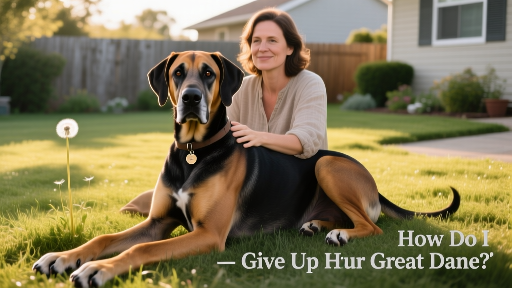 A gentle, well-groomed Great Dane sitting calmly beside its owner on a grassy yard