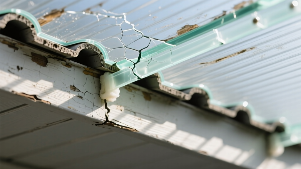 Close-up of weathered polycarbonate porch roof panels with cracked foam closure strips repaired using clear silicone
