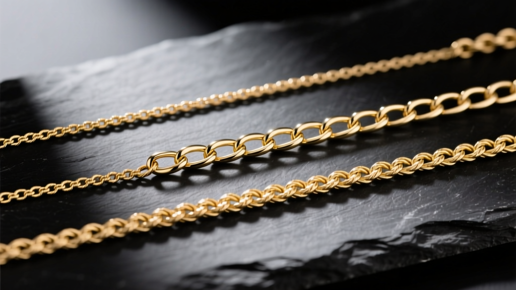 Macro shot of three gold chains: a 1mm cable, 1.2mm box, and rope chain, resting flat on a dark slate stone surface backdrop.
