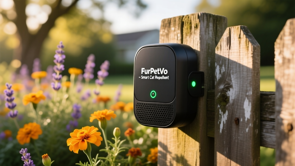 Close-up of the FurPetVo motion-activated spray unit mounted on a fence post beside a flower bed