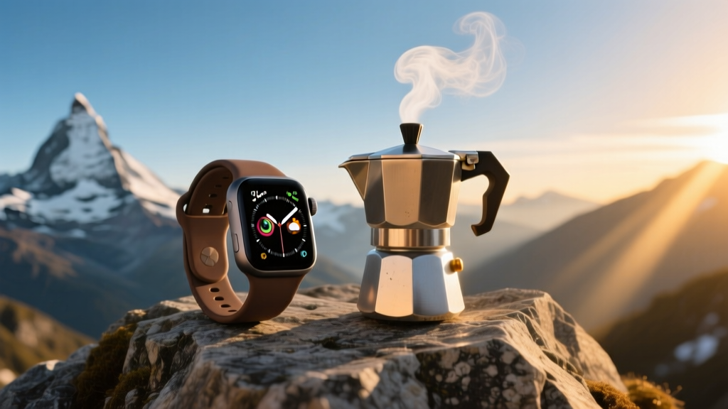 A rugged smartwatch next to a steaming portable espresso maker on a granite mountain peak at sunrise, showcasing outdoor tech essentials.
