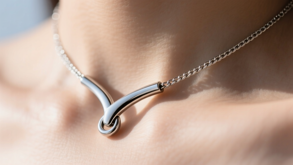 Macro shot of titanium Y-necklace clasp on the collarbone, showing a 0.8mm cable chain and secure lobster clasp in bright daylight.