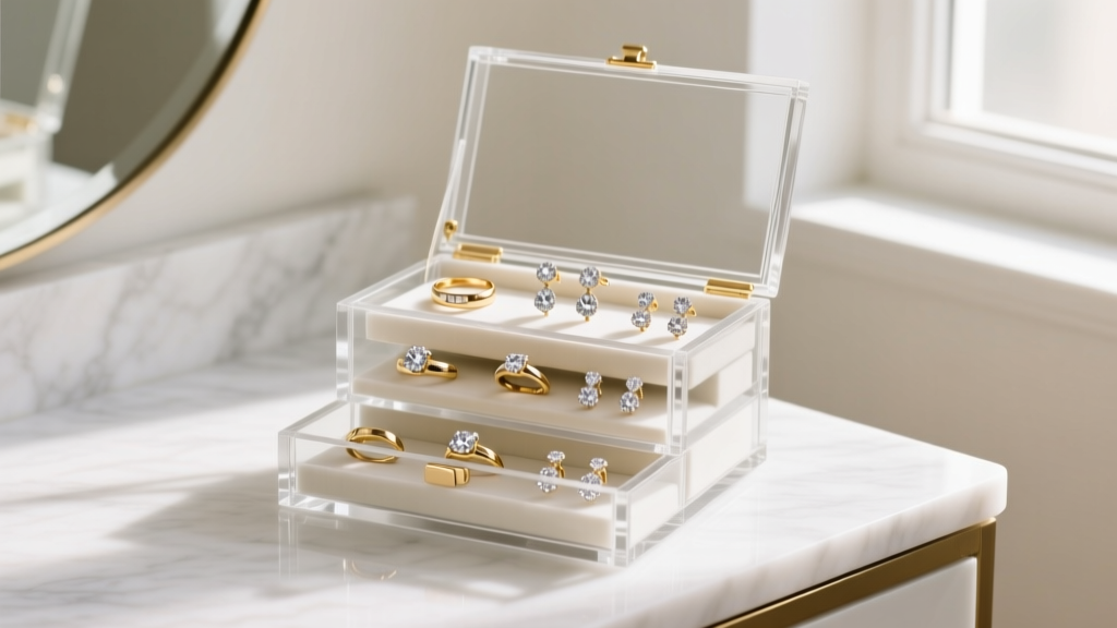 Clear acrylic multi-tiered jewelry box on a white marble vanity, softly lit, revealing neatly organized gold rings and sparkling diamond earrings.