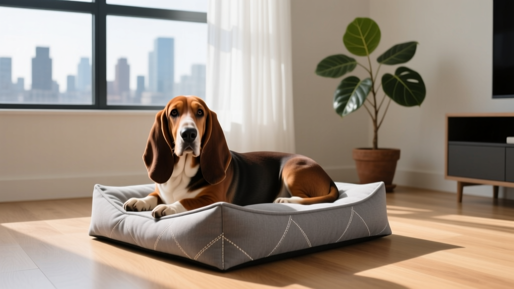 A Basset Hound resting calmly on a compact dog bed inside a modern, small urban apartment living room.
