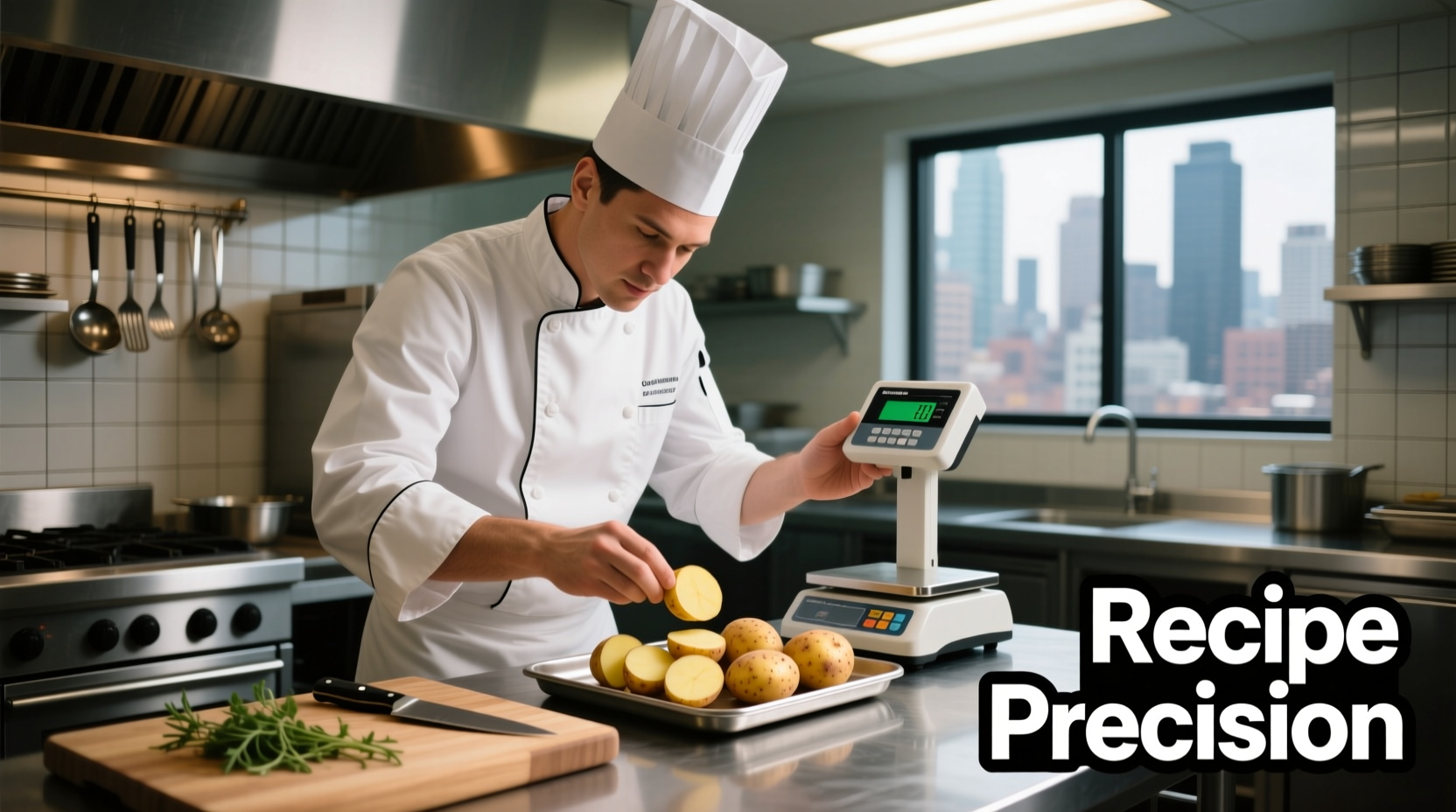 Chef measuring potato portions for recipe adjustment
